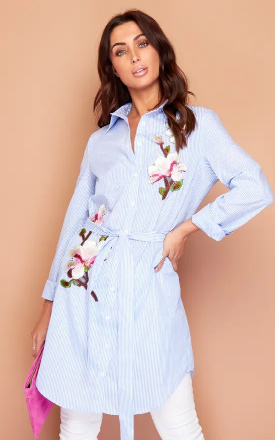 Tops * | Outlet Wired Angel Spring Flower Embroidered Blue And White Stripe Shirt Top