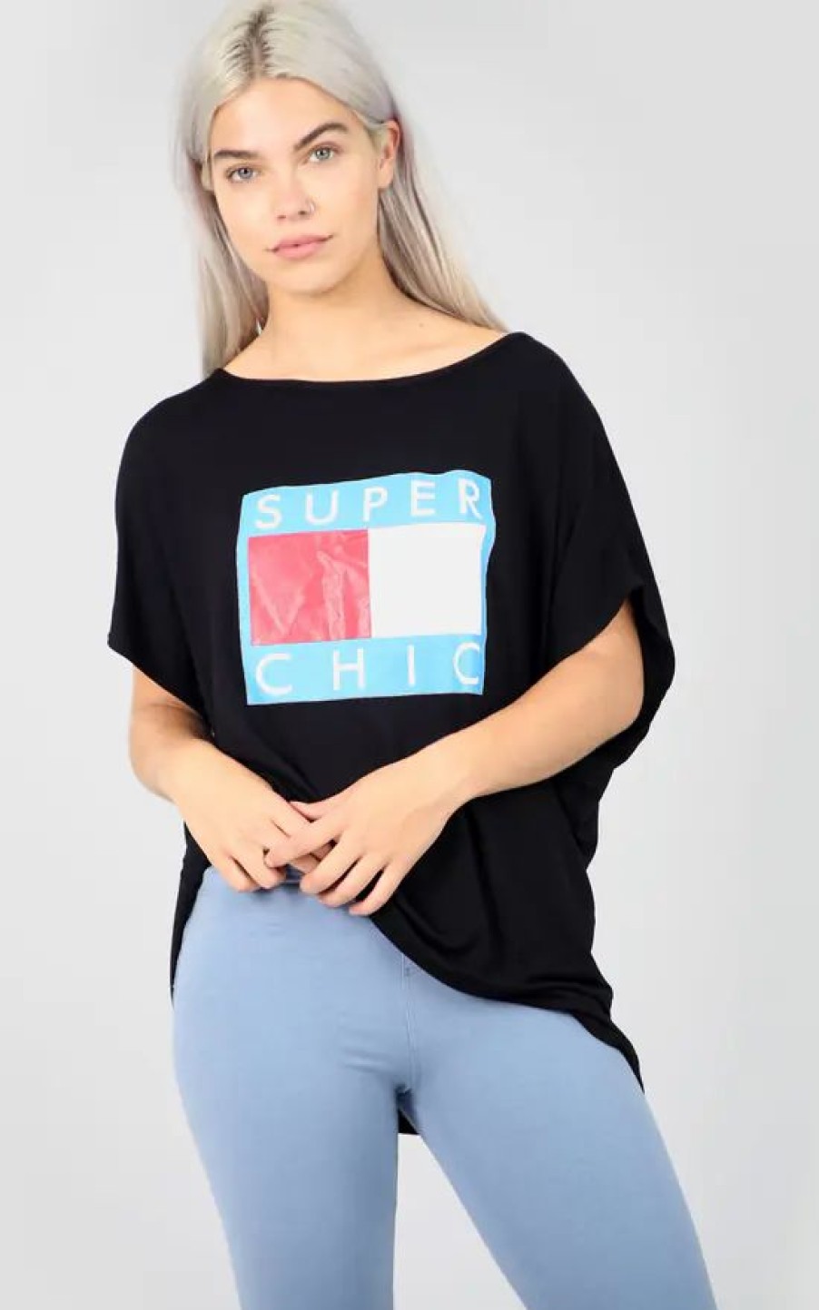 Tops * | Wholesale Oops Fashion Black Oversized T Shirt With Super Chic Slogan