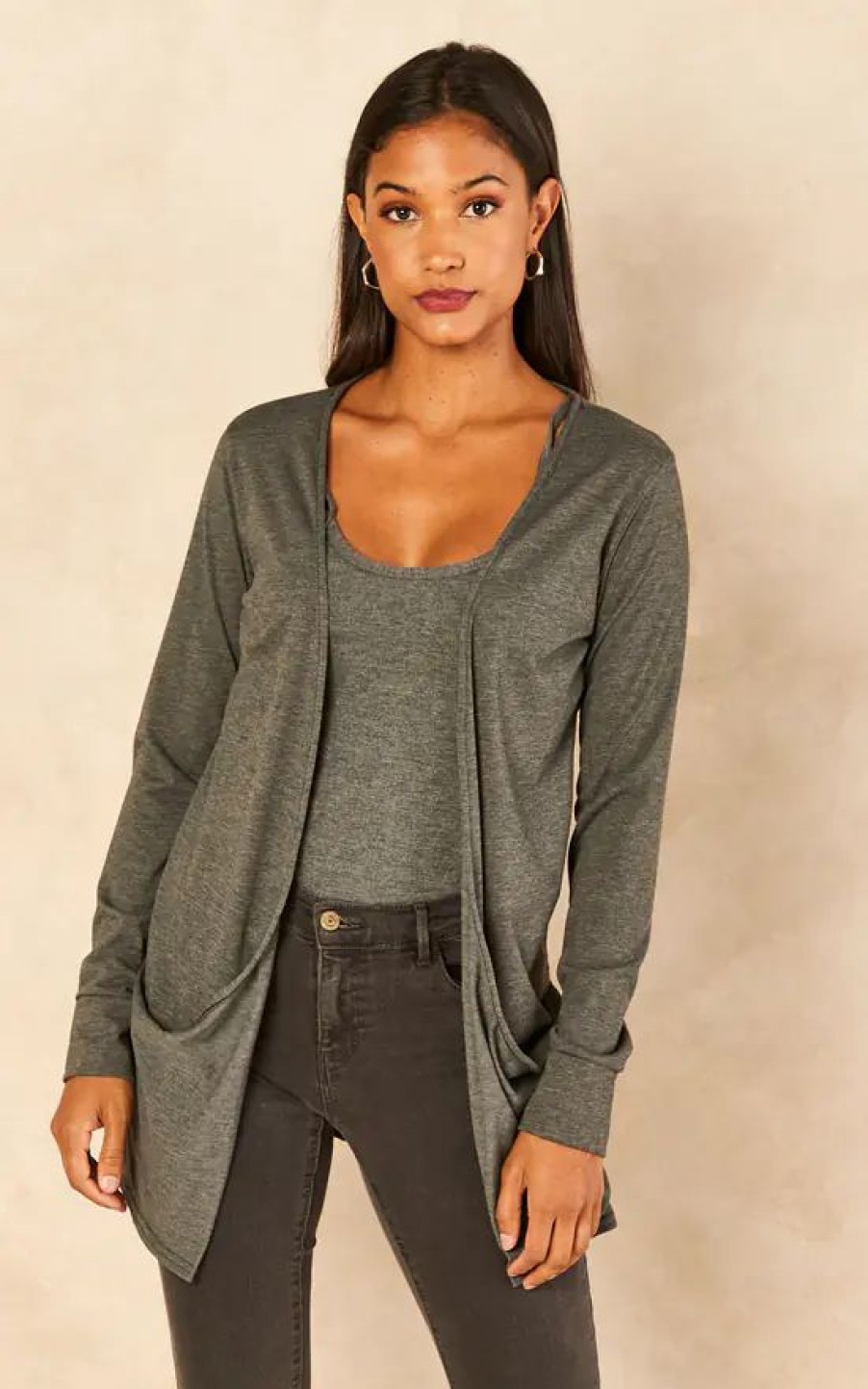 Knitwear * | Flash Sale Aftershock London Boyfriend Jersey Cardigan With Pockets In Charcoal