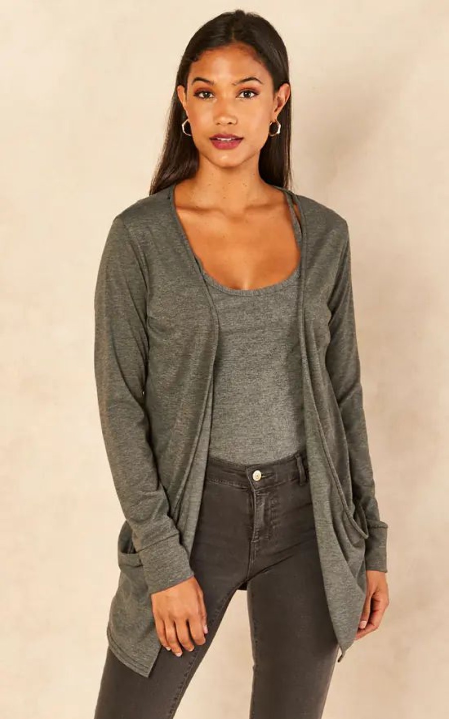 Knitwear * | Flash Sale Aftershock London Boyfriend Jersey Cardigan With Pockets In Charcoal