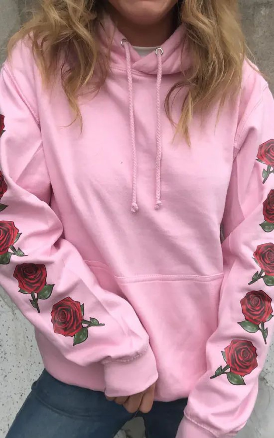 Sweaters & Hoodies * | New Save The People Red Rose Sleeve Hoodie In Light Pink