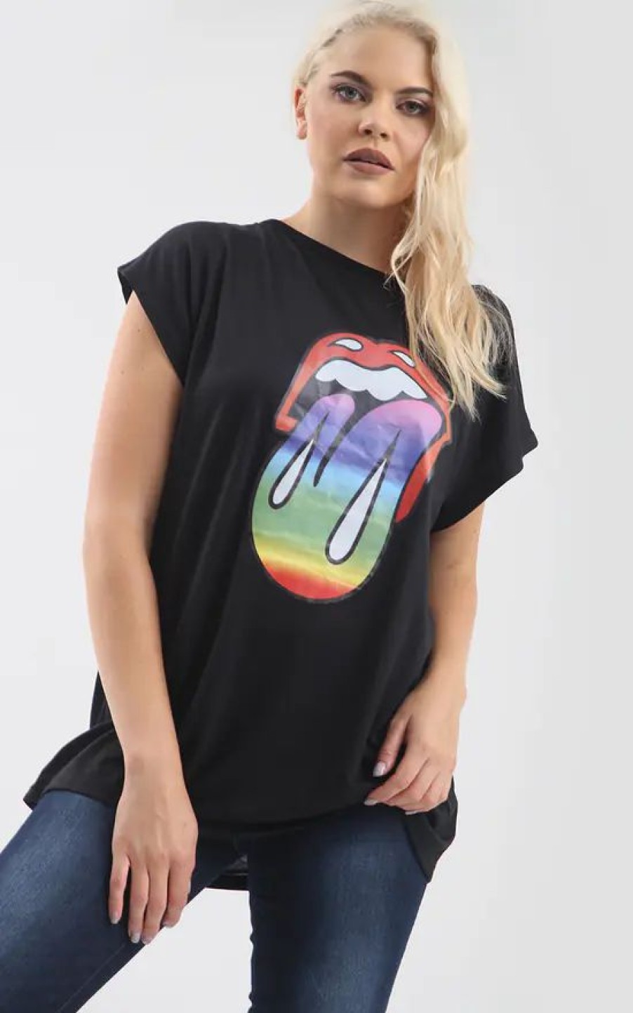 Tops * | Outlet Oops Fashion Black Oversized T Shirt With Rainbow Graphic Print