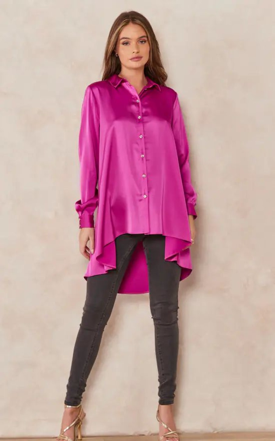 Tops * | Budget Edie B. Lori Orchid Satin Blouse With Hi Lo Hem