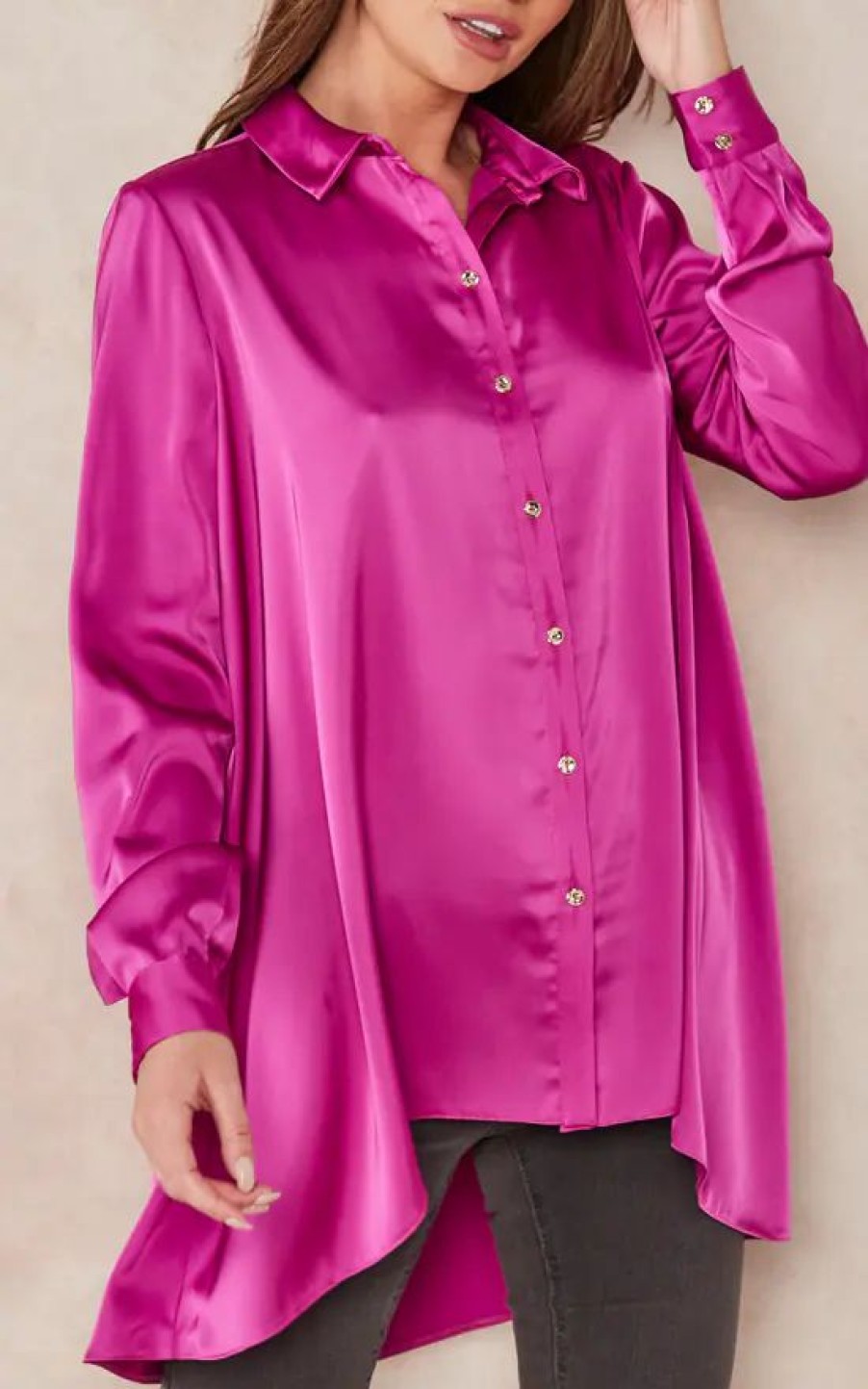 Tops * | Budget Edie B. Lori Orchid Satin Blouse With Hi Lo Hem