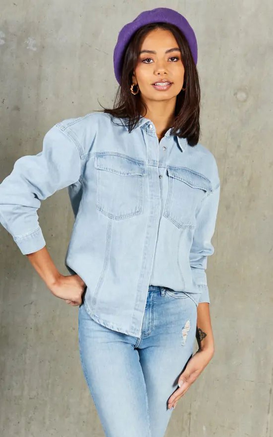 Tops * | Budget Vm Oversized Denim Shirt In Light Blue