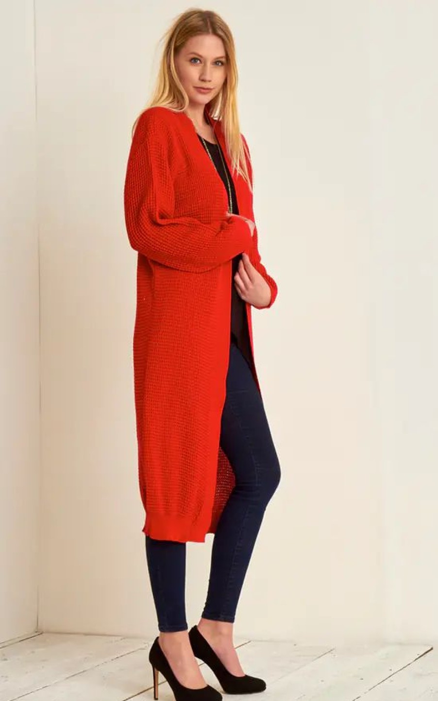 Knitwear * | Flash Sale Oops Fashion Jess Chunky Knitted Open Cardigan In Red