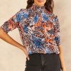 Tops * | Flash Sale Jenerique High Neck T Shirt In Multicolour Orange Print