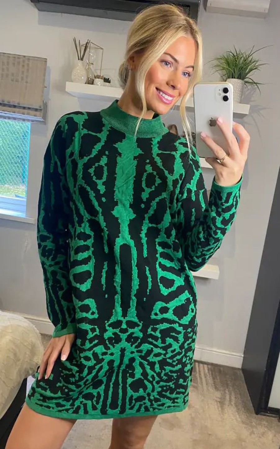 Dresses * | Best Deal Cy Boutique Fine Knit Leopard Print Pattern Design Jumper Dress In Green