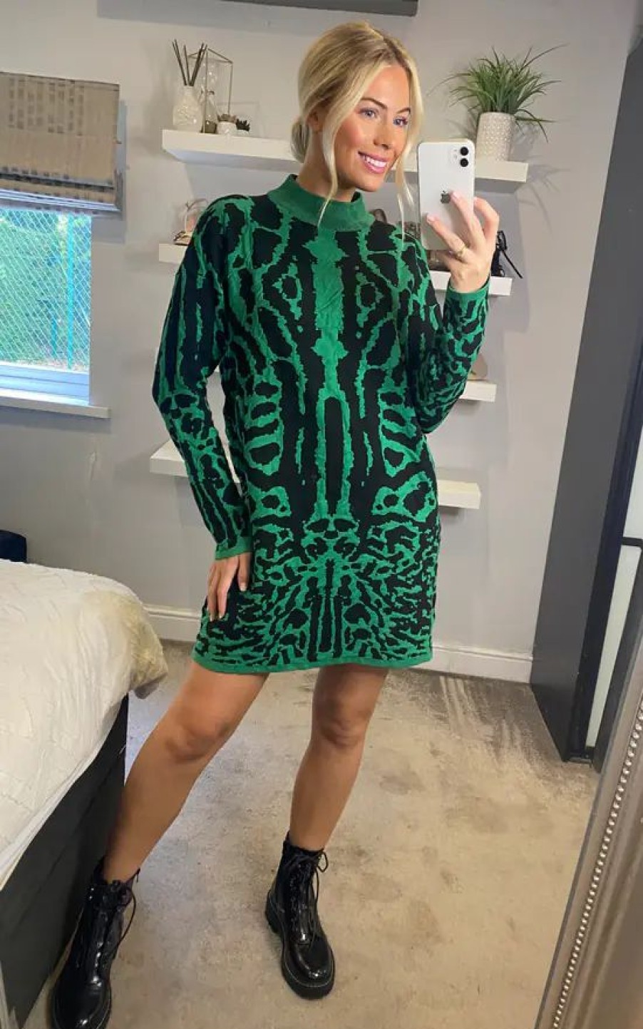 Dresses * | Best Deal Cy Boutique Fine Knit Leopard Print Pattern Design Jumper Dress In Green