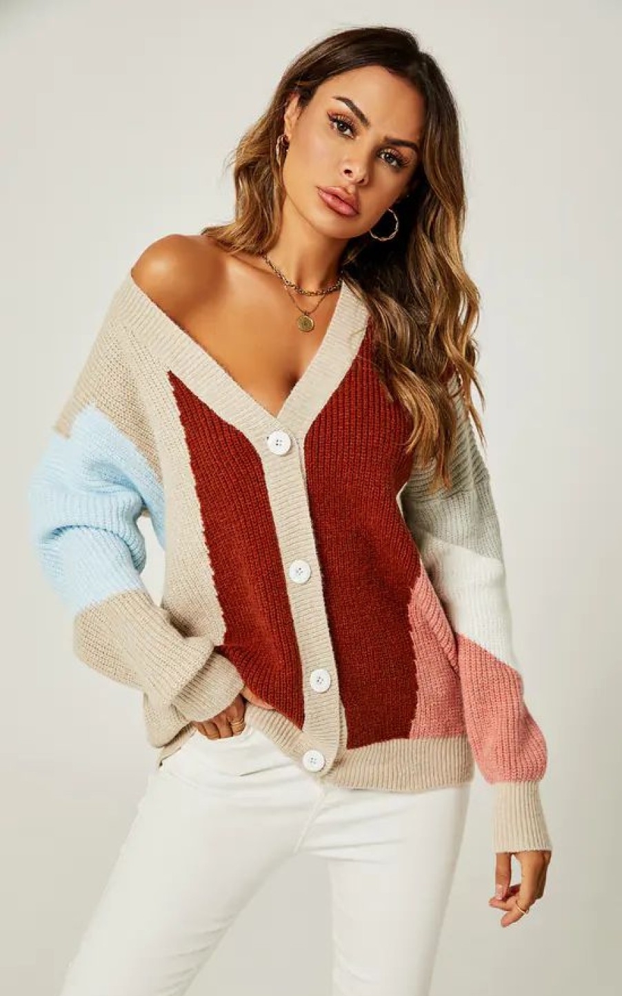 Knitwear * | Best Reviews Of Fs Collection Block Colour Relaxed Knit Cardigan Top In Beige & Blue & Wine & White & Peach