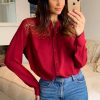 Tops * | Cheap Hoxton Gal Oversized Shirt With Lace Detail In Burgundy