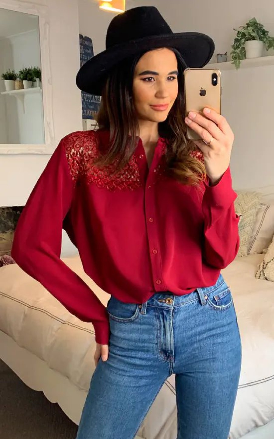 Tops * | Cheap Hoxton Gal Oversized Shirt With Lace Detail In Burgundy