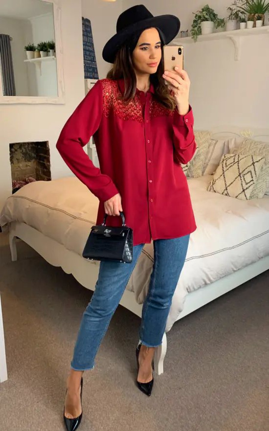 Tops * | Cheap Hoxton Gal Oversized Shirt With Lace Detail In Burgundy