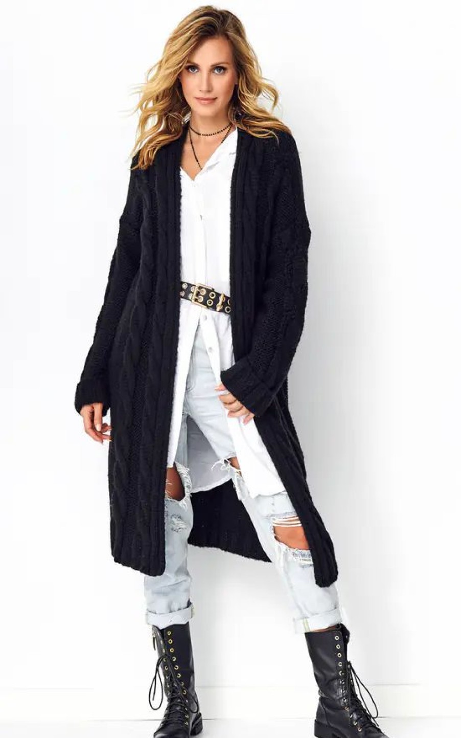 Knitwear * | Cheap Makadamia Black Longline Cable Knit Cardigan