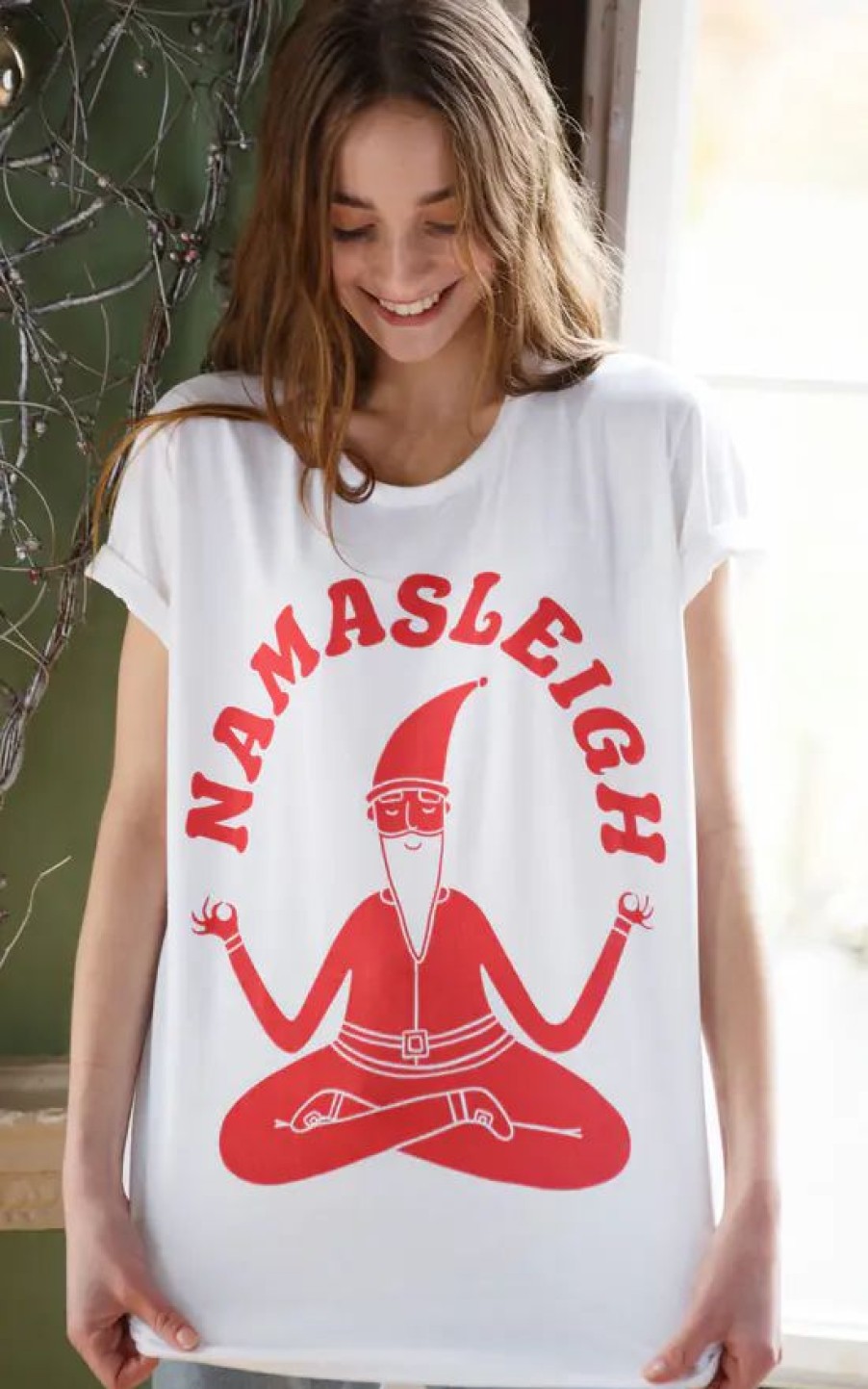 Tops * | Coupon Batch1 Namasleigh Yoga Santa Women'S Christmas T Shirt