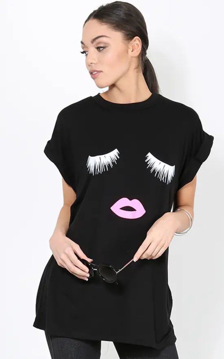 Tops * | Budget Oops Fashion Black Oversized T Shirt With Lashes Graphic Print