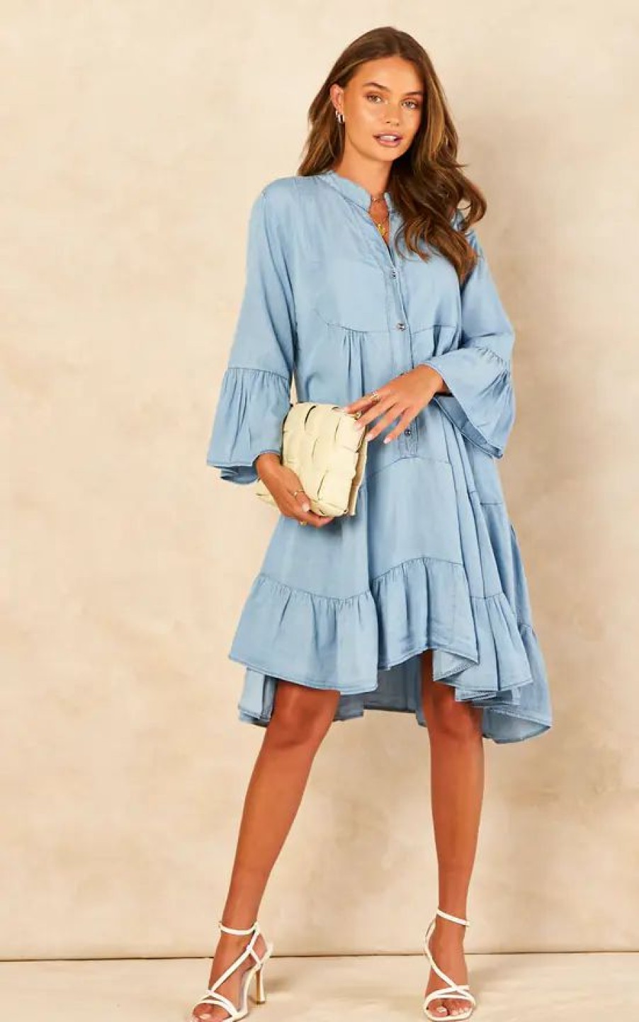 Dresses * | Discount Bella And Blue Tiered Denim Mini Dress In Light Blue