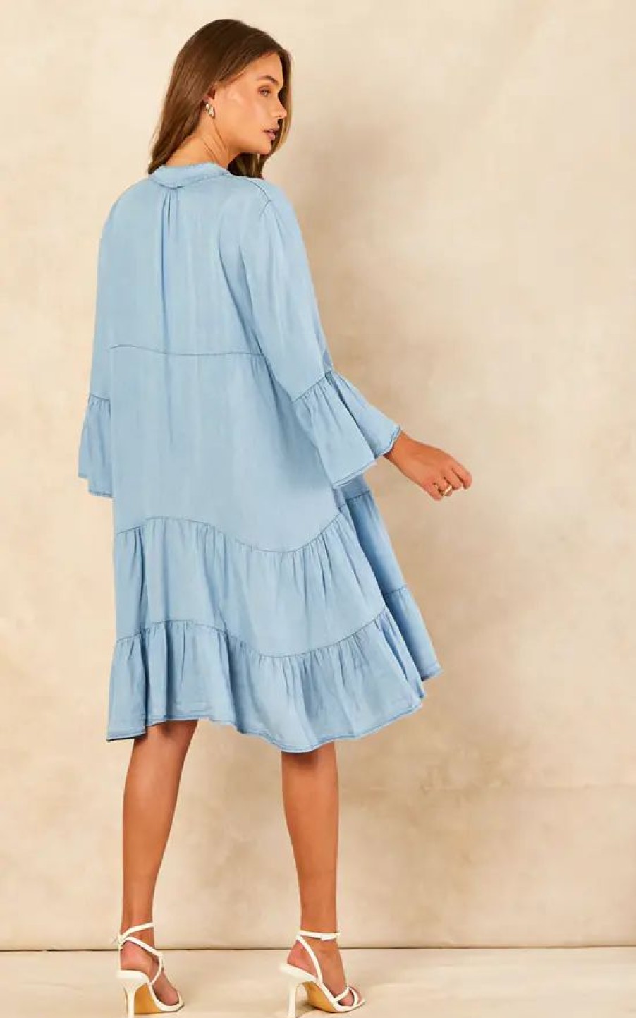 Dresses * | Discount Bella And Blue Tiered Denim Mini Dress In Light Blue