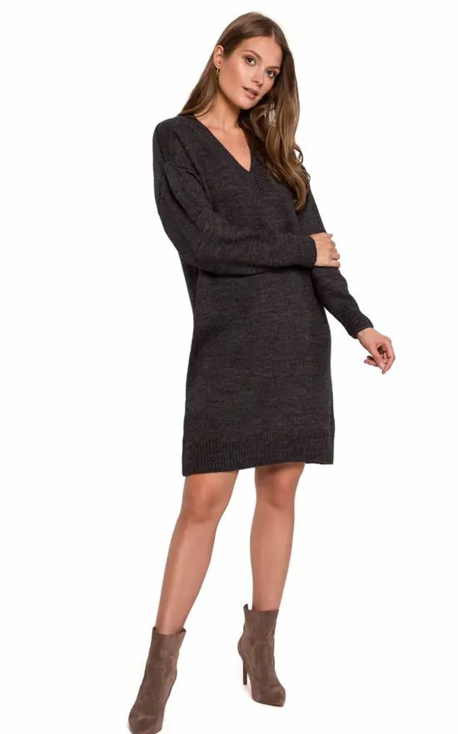 Dresses * | Flash Sale Dursi Knitted V Neck Mini Dress In Graphite