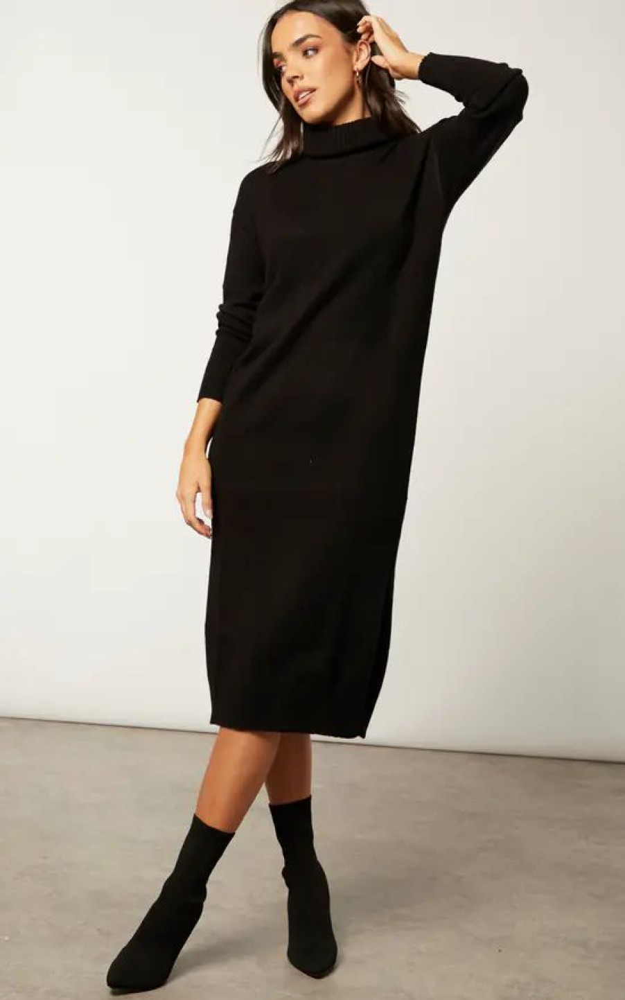 Dresses * | New Vila Long Sleeve Roll Neck Midi Dress In Black