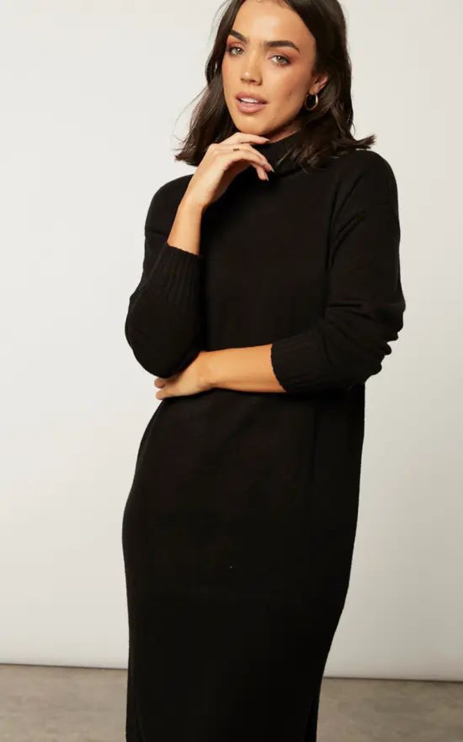 Dresses * | New Vila Long Sleeve Roll Neck Midi Dress In Black