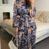 Dresses * | Top 10 Cy Boutique Long Sleeve Maxi Dress With Waist Tie In Blue Floral Print