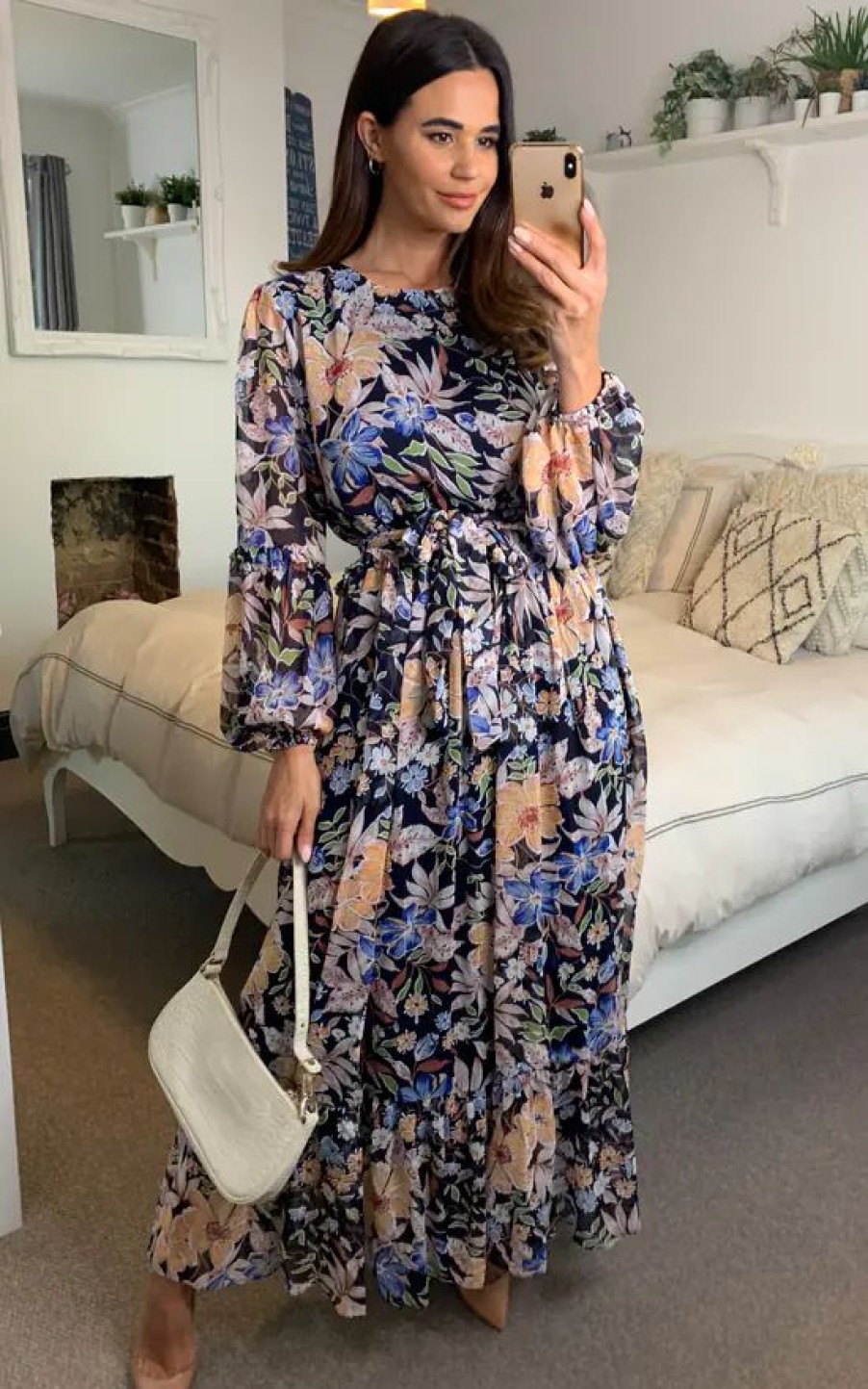 Dresses * | Top 10 Cy Boutique Long Sleeve Maxi Dress With Waist Tie In Blue Floral Print