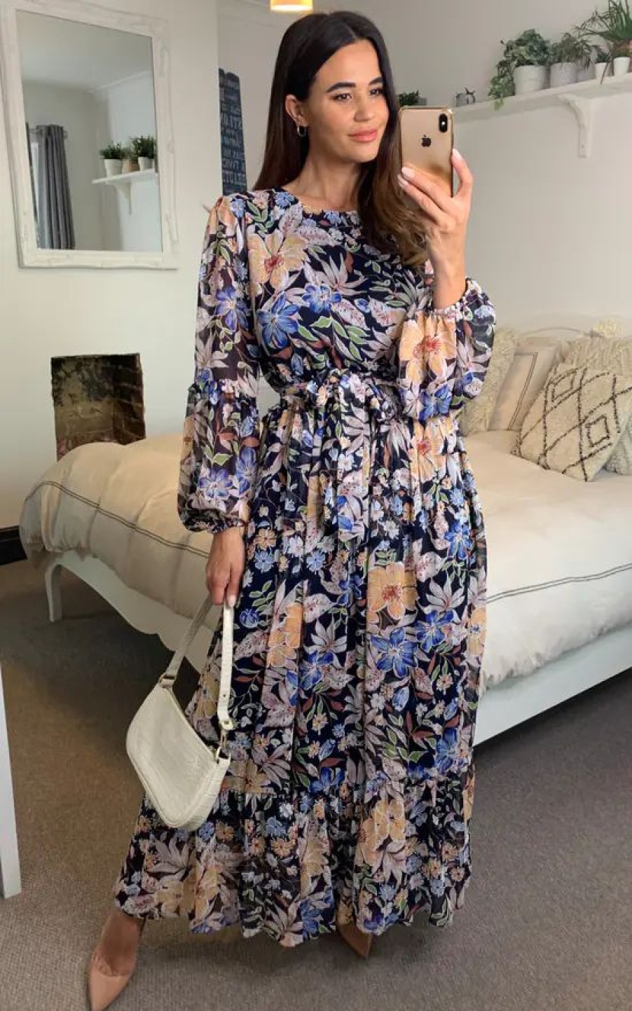 Dresses * | Top 10 Cy Boutique Long Sleeve Maxi Dress With Waist Tie In Blue Floral Print