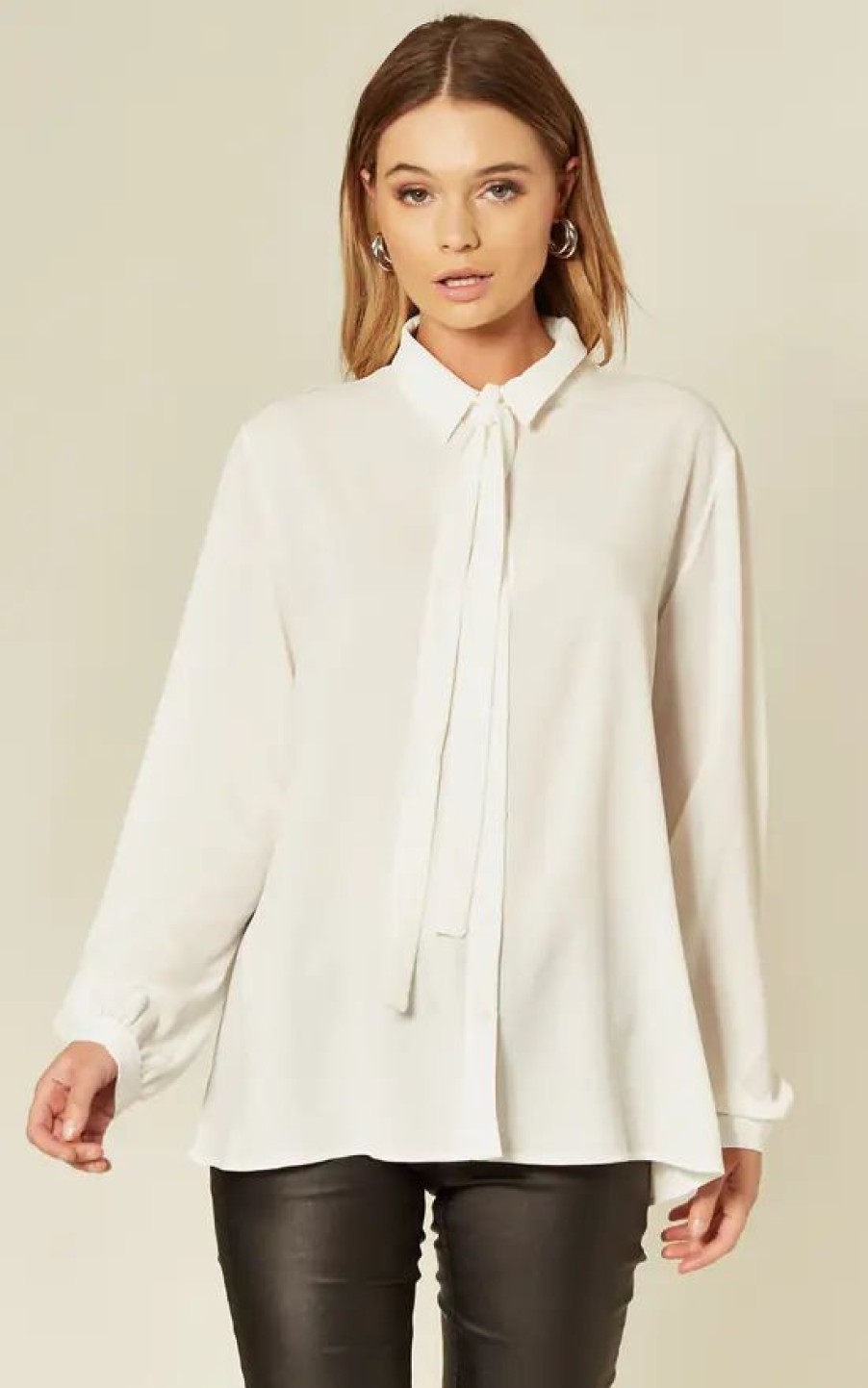 Tops * | New Hoxton Gal White Tie Neck Oversized Crepe Top