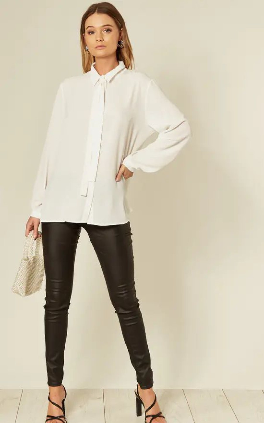 Tops * | New Hoxton Gal White Tie Neck Oversized Crepe Top