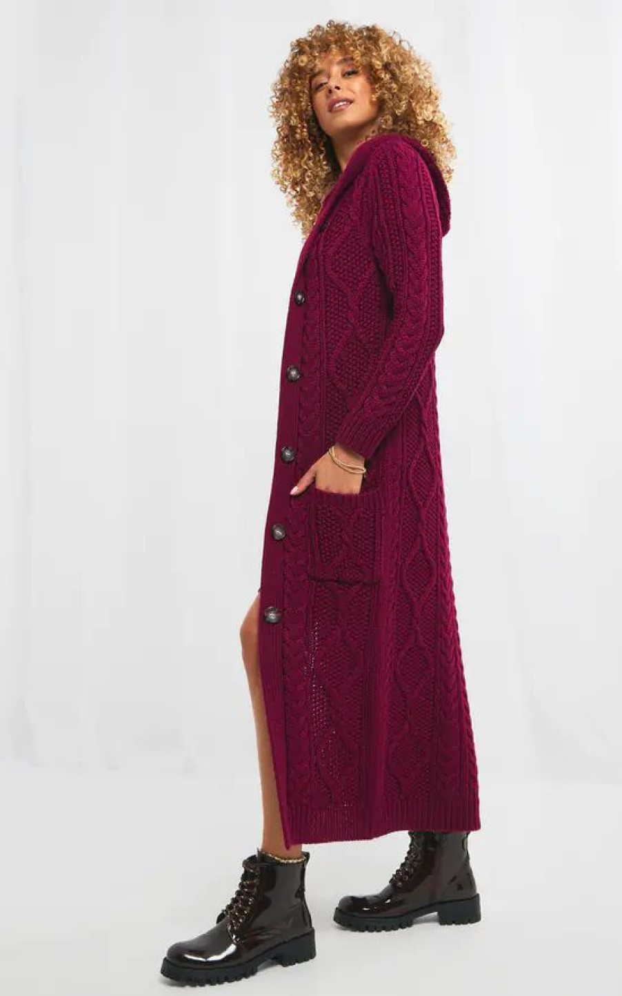 Knitwear * | Brand New Joe Browns Captivating Cable Knit Hooded Cardigan In Berry