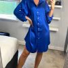 Dresses * | Hot Sale Mela London Mela Satin Relaxed Shirt Dress In Cobalt Blue