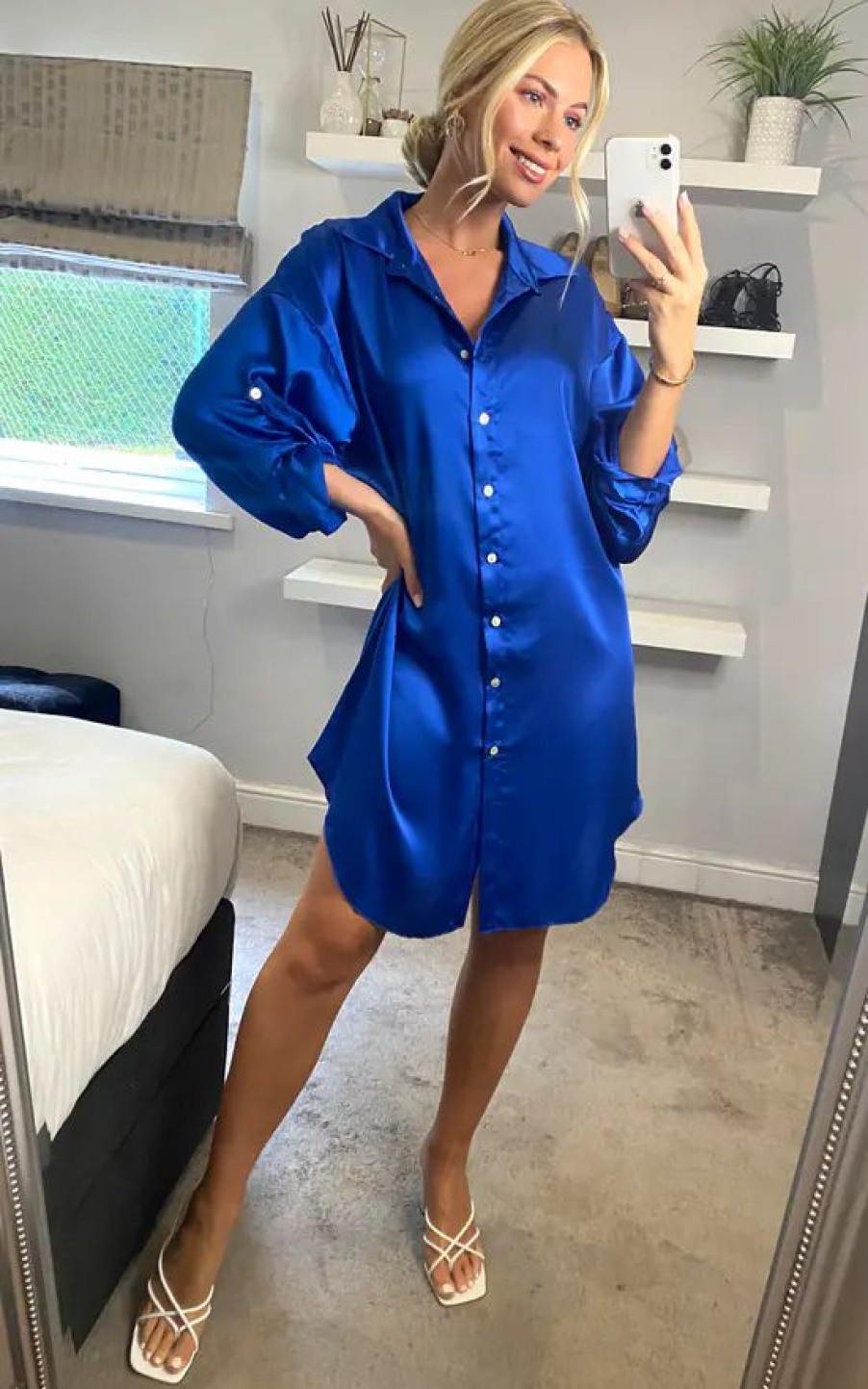 Dresses * | Hot Sale Mela London Mela Satin Relaxed Shirt Dress In Cobalt Blue