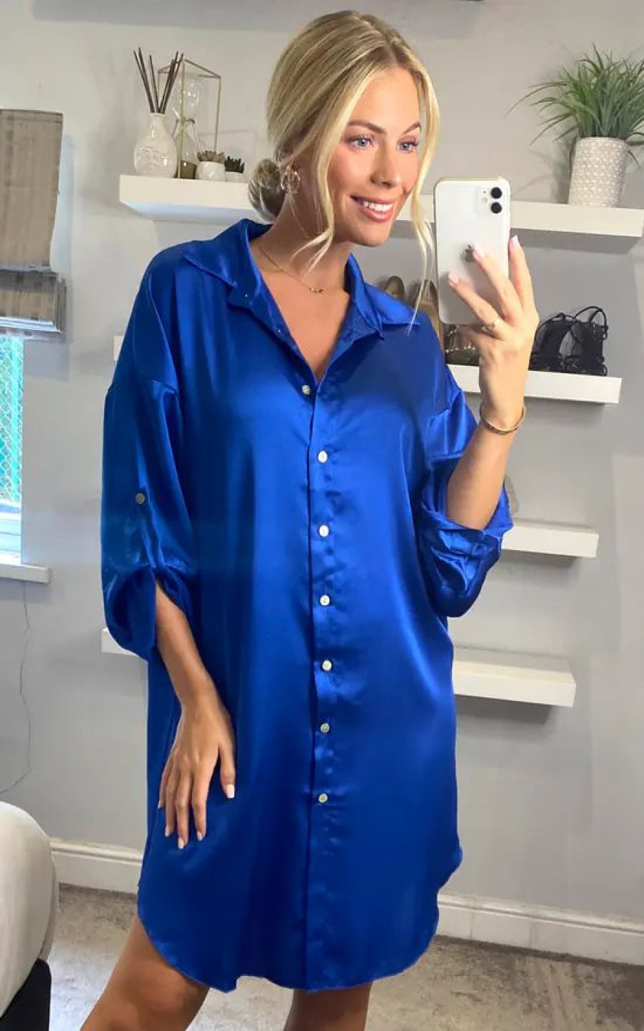 Dresses * | Hot Sale Mela London Mela Satin Relaxed Shirt Dress In Cobalt Blue