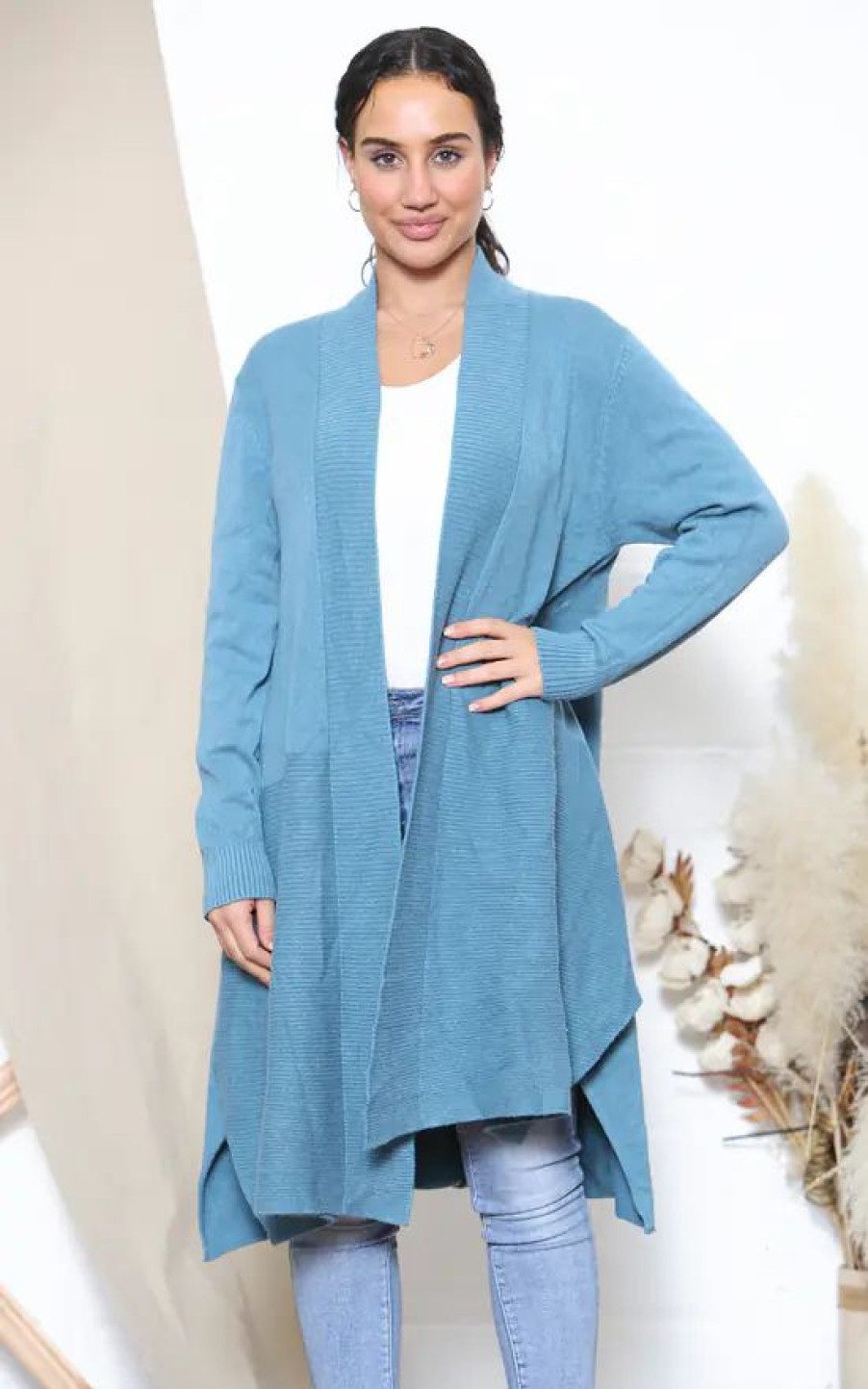 Knitwear * | Discount Lucy Sparks Teal Ribbed Texture Long Sleeve Cardigan