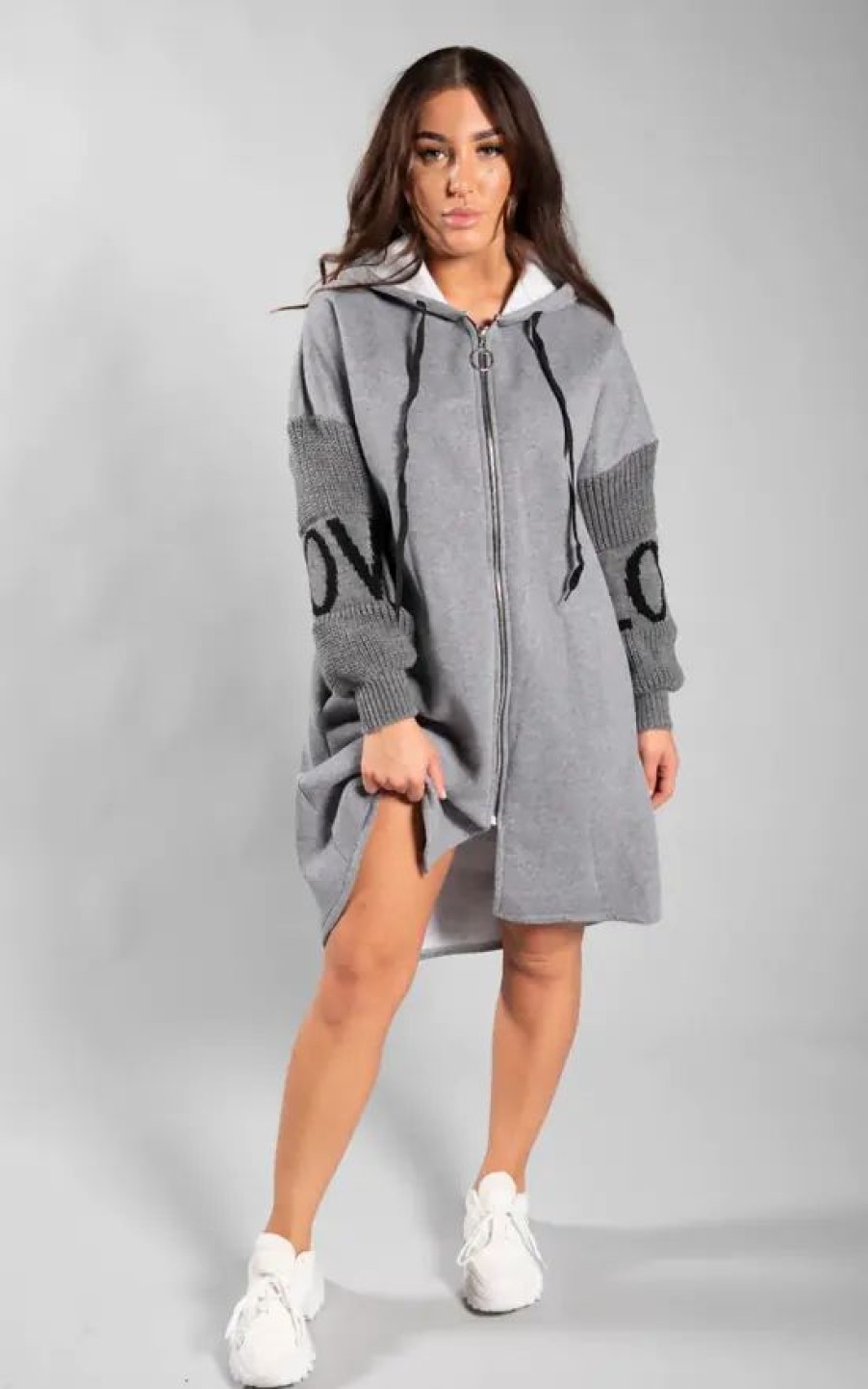 Sweaters & Hoodies * | Best Pirce Justyouroutfit Grey Love Knit Oversized Zip Fleece Hoodie