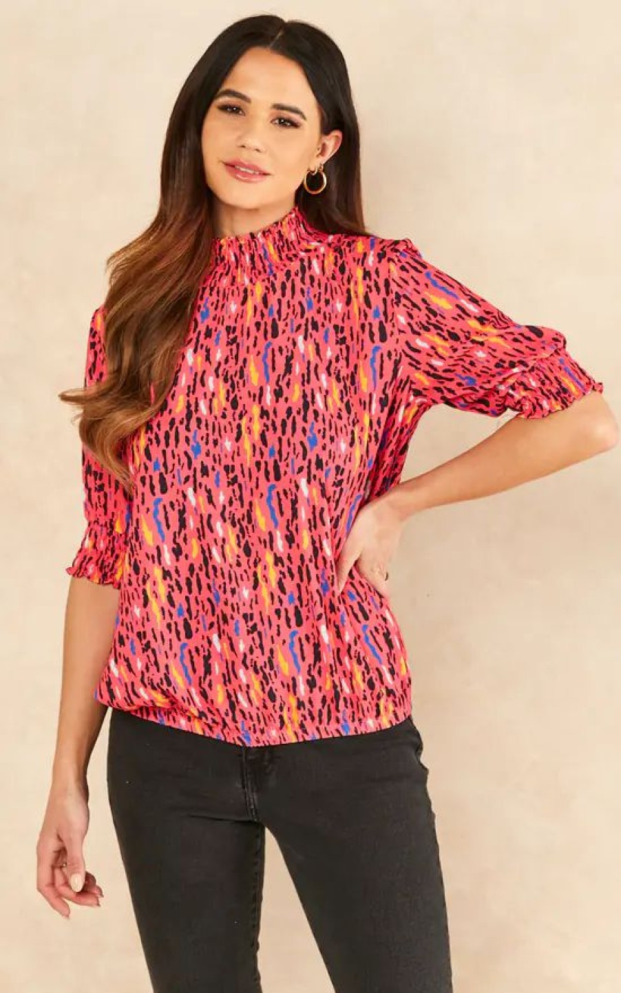 Tops * | Budget Jenerique High Neck Long Sleeve Oversized Top In Pink Multicolour Print