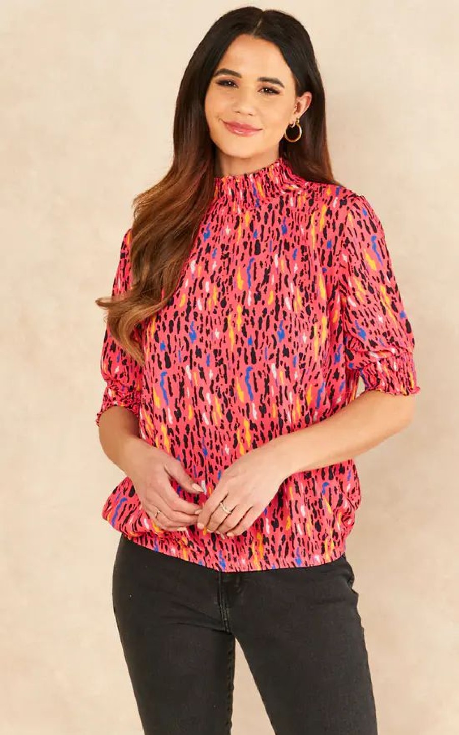 Tops * | Budget Jenerique High Neck Long Sleeve Oversized Top In Pink Multicolour Print