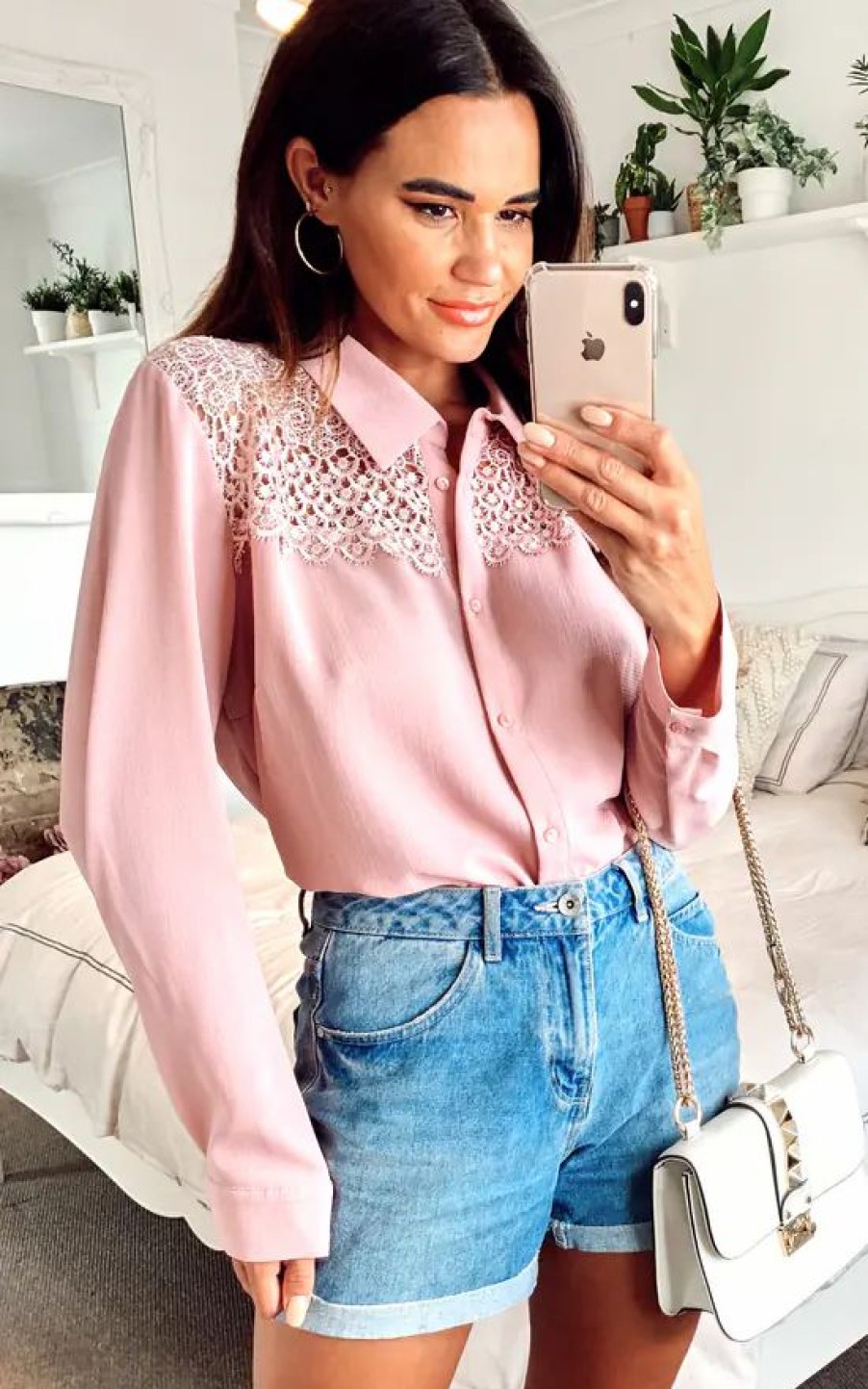 Tops * | Coupon Hoxton Gal Oversized Shirt With Lace Detail In Pink