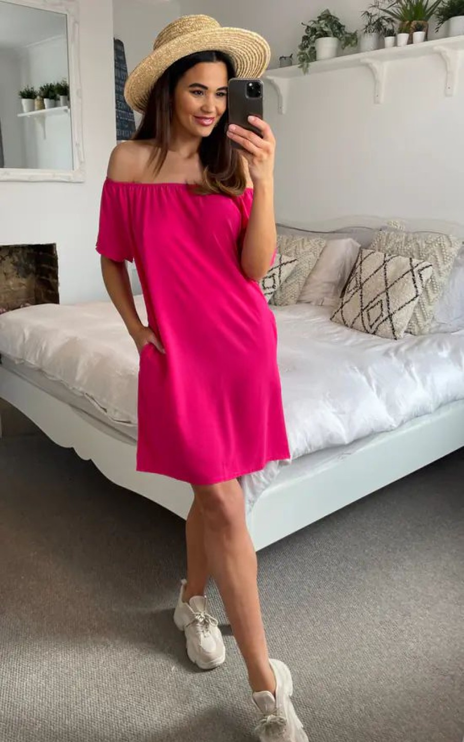 Dresses * | Hot Sale Hoxton Gal Relaxed Off Shoulder Mini Summer Dress In Pink