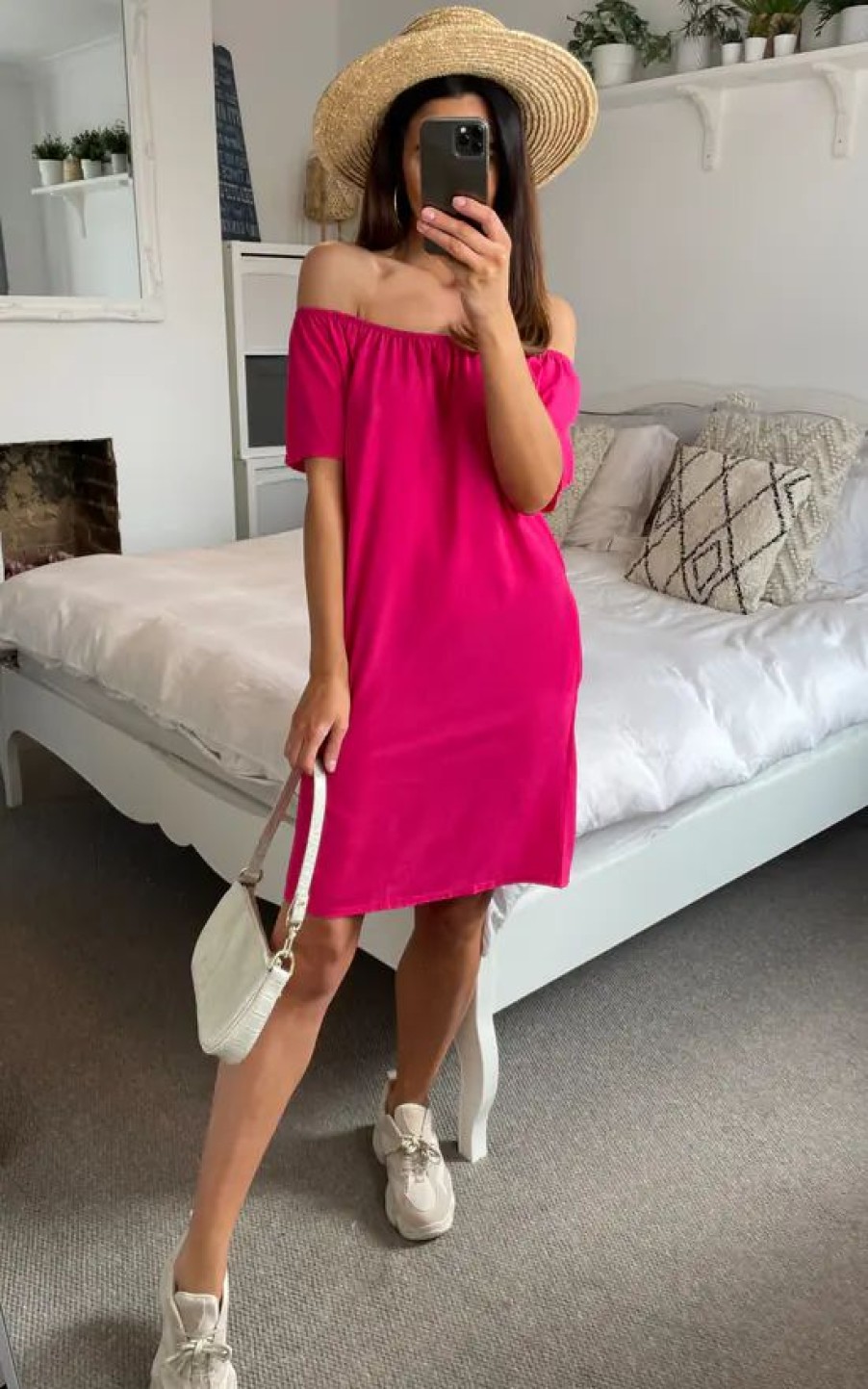 Dresses * | Hot Sale Hoxton Gal Relaxed Off Shoulder Mini Summer Dress In Pink