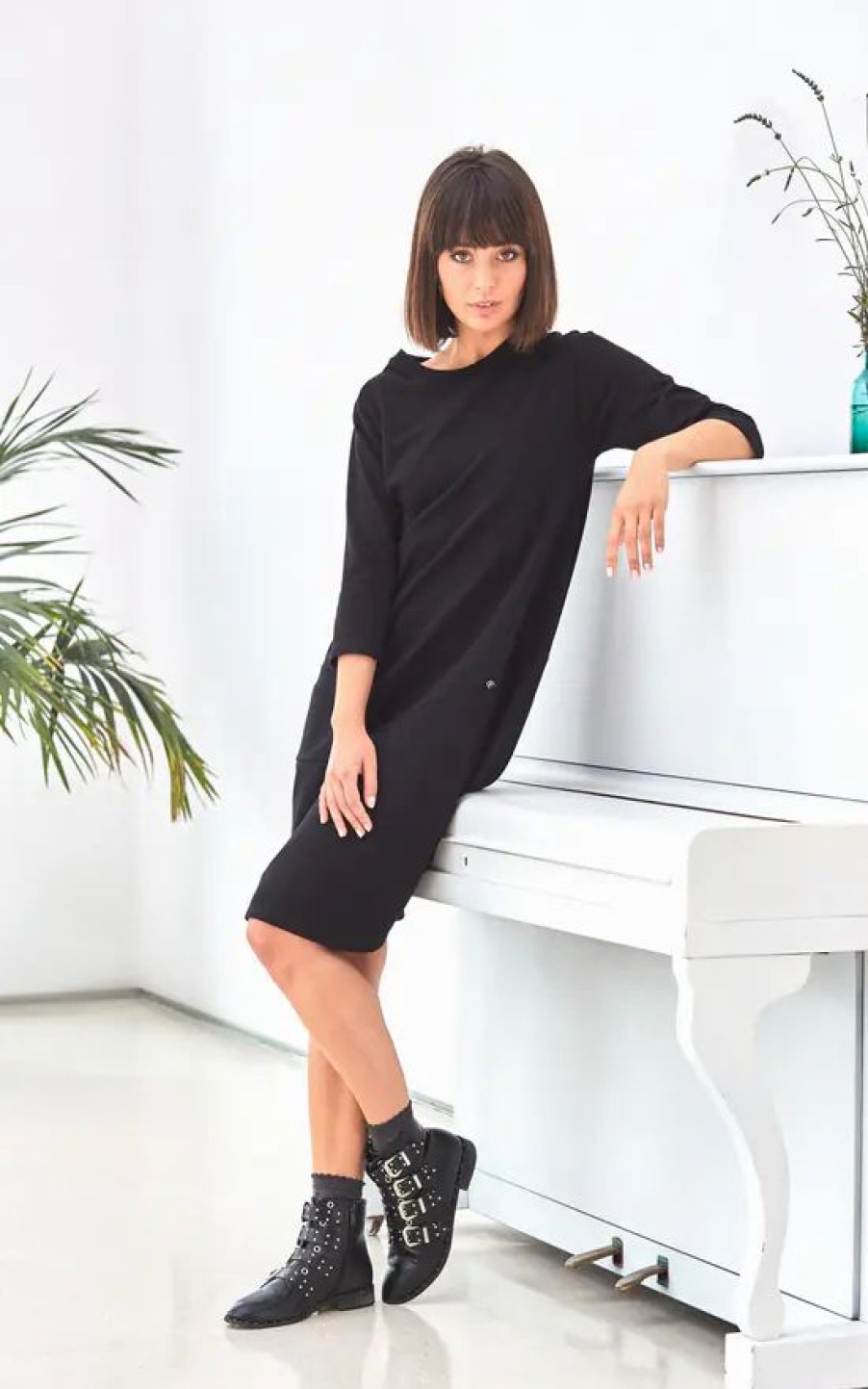 Dresses * | Best Reviews Of Moe Black 3/4 Sleeve Oversized Midi Dress