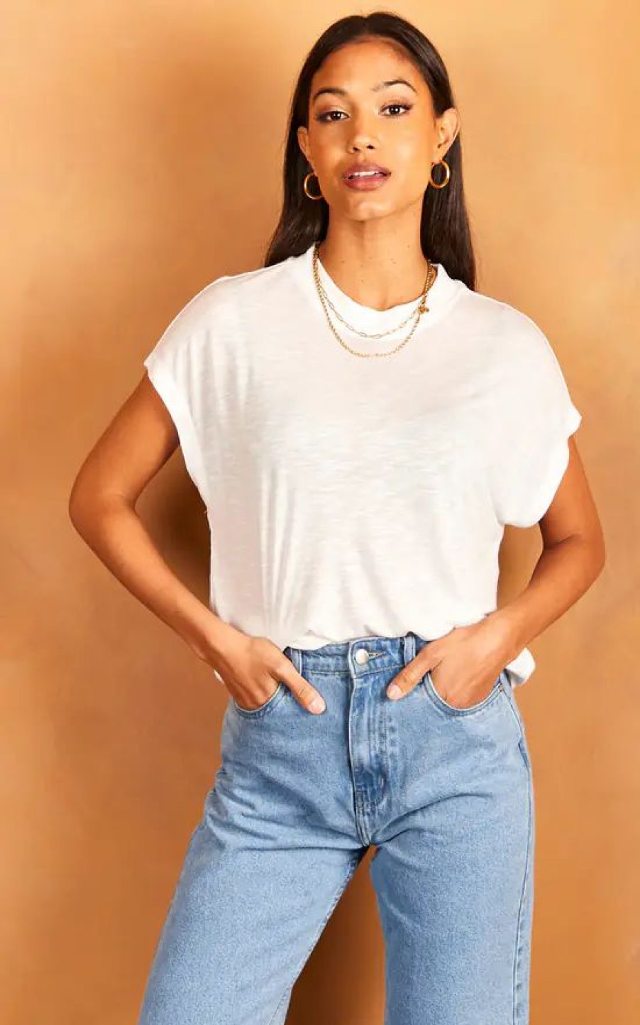 Tops * | Promo Jjxx Short Sleeve High Neck T Shirt In White