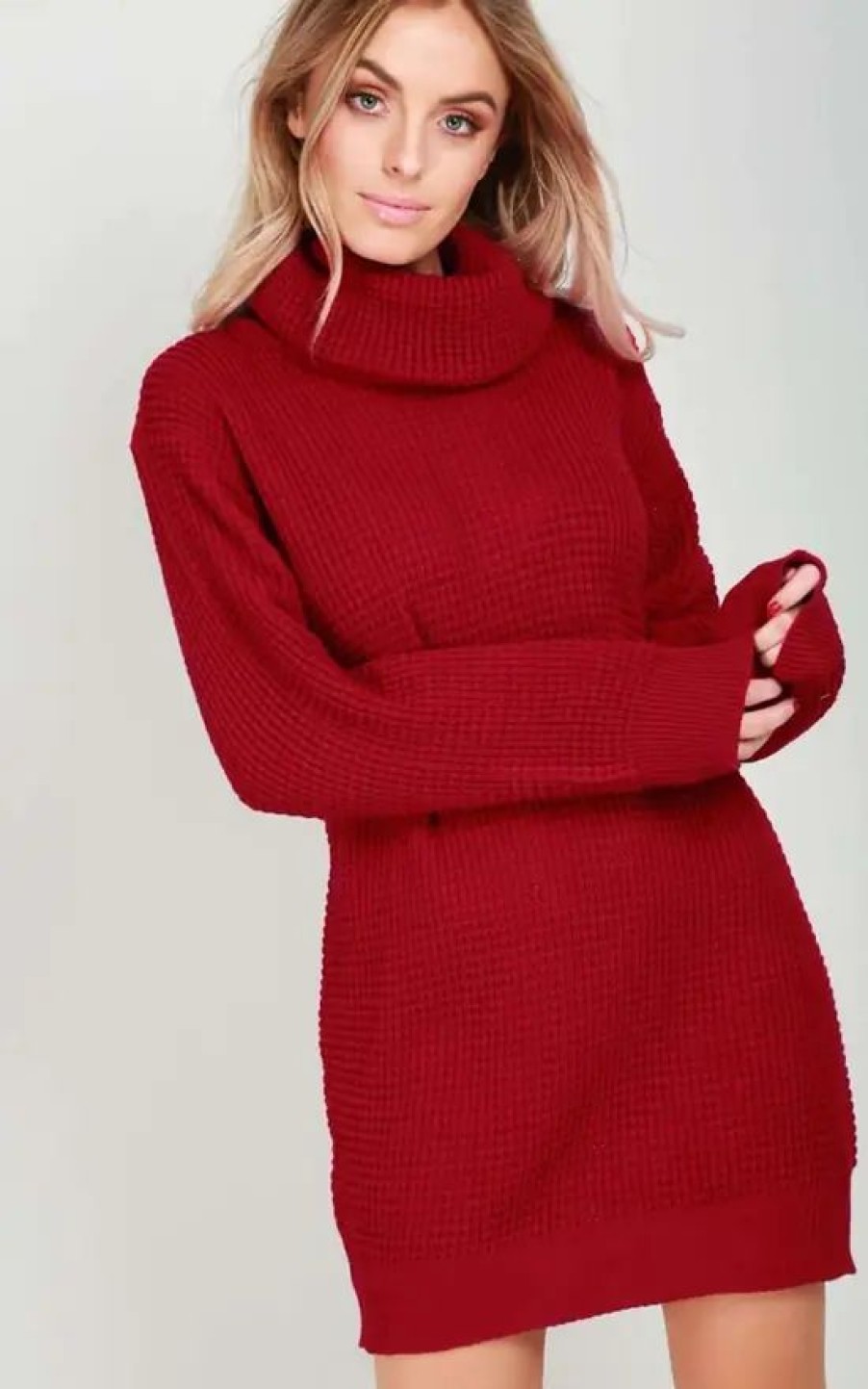 Dresses * | Coupon Oops Fashion Long Sleeve Roll Neck Knitted Dress In Wine