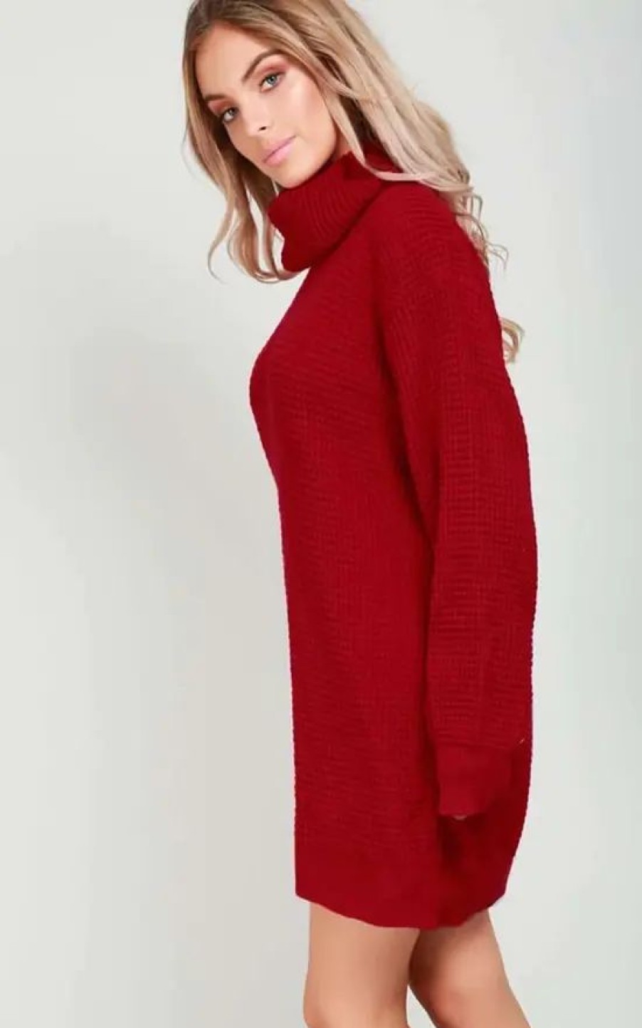 Dresses * | Coupon Oops Fashion Long Sleeve Roll Neck Knitted Dress In Wine