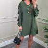 Dresses * | Top 10 Hoxton Gal Oversized V Neck Ruffle Sleeves Tunic With Necklace In Khaki