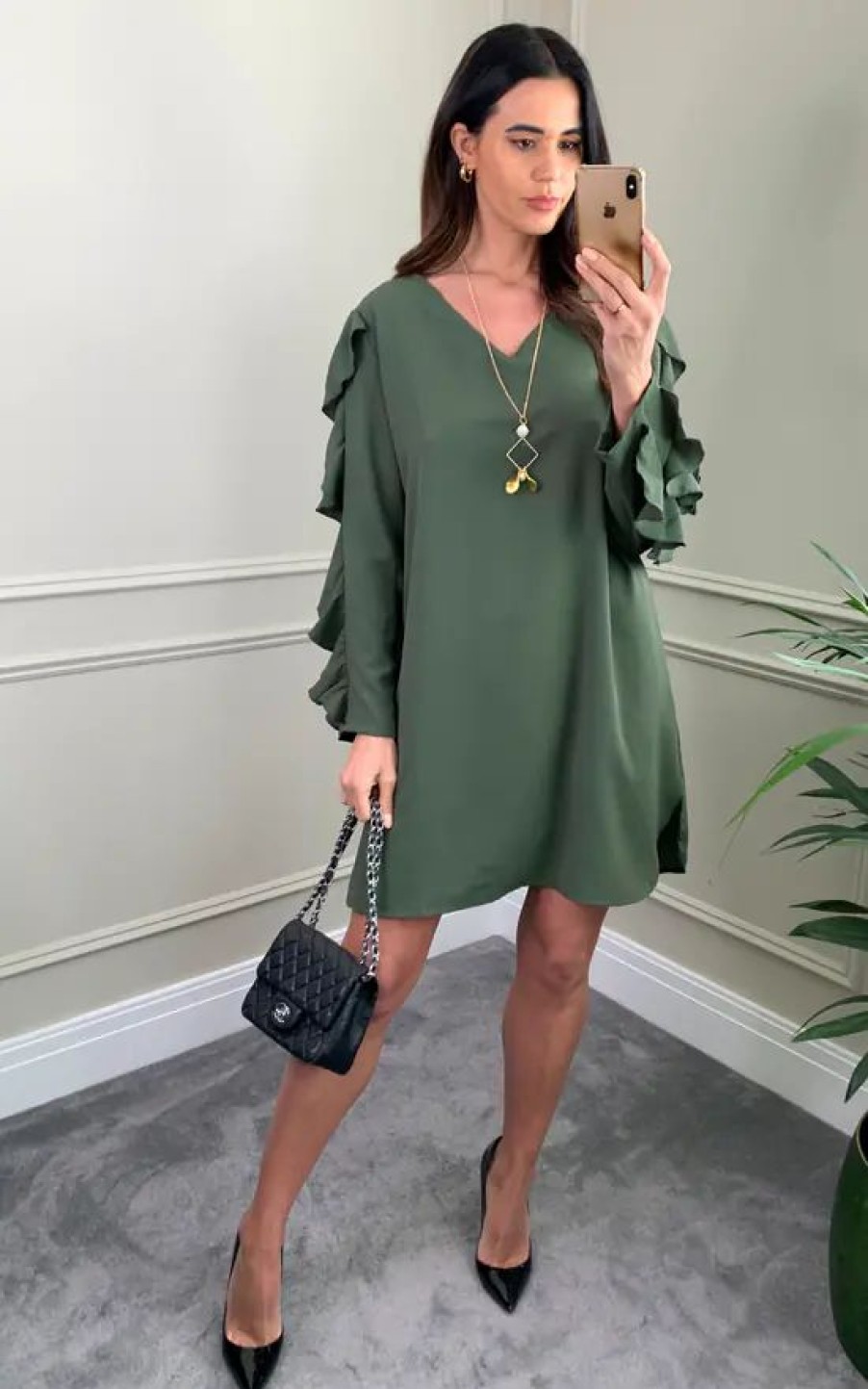 Dresses * | Top 10 Hoxton Gal Oversized V Neck Ruffle Sleeves Tunic With Necklace In Khaki