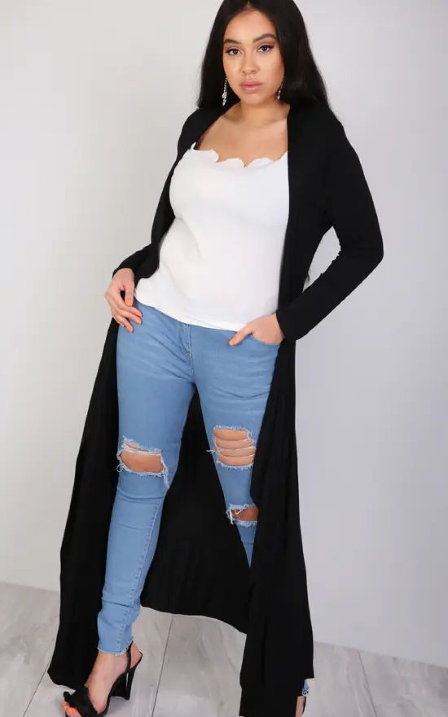 Knitwear * | Budget Oops Fashion Long Waterfall Cardigan In Black