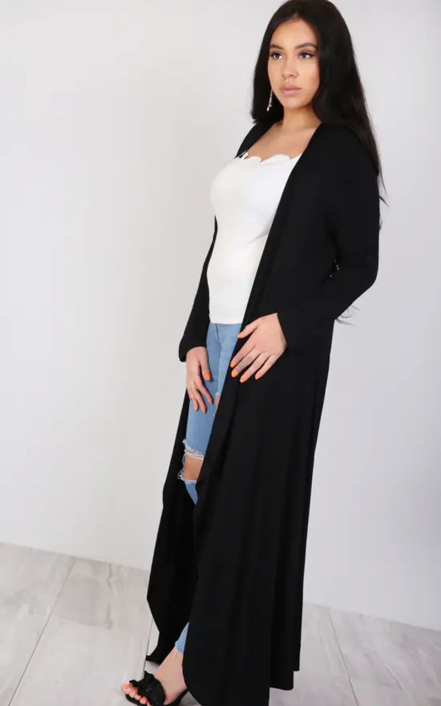 Knitwear * | Budget Oops Fashion Long Waterfall Cardigan In Black