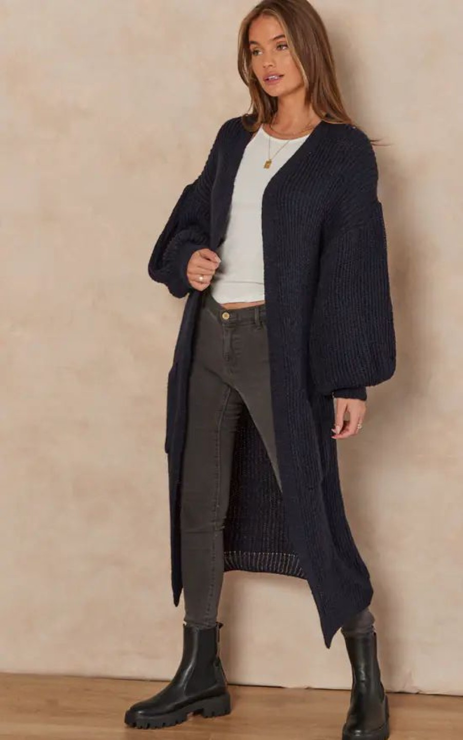 Knitwear * | Buy Gini London Navy Long Knitted Cardigan